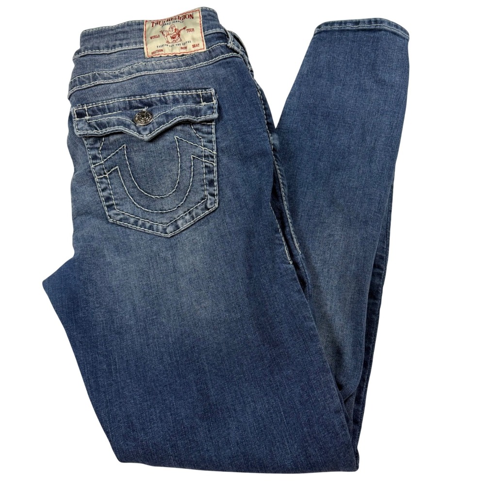 True Religion Jennie Curvy Mid Rise Super Skinny Blue Jeans Big T Stitch Size 29 - Picture 9 of 9